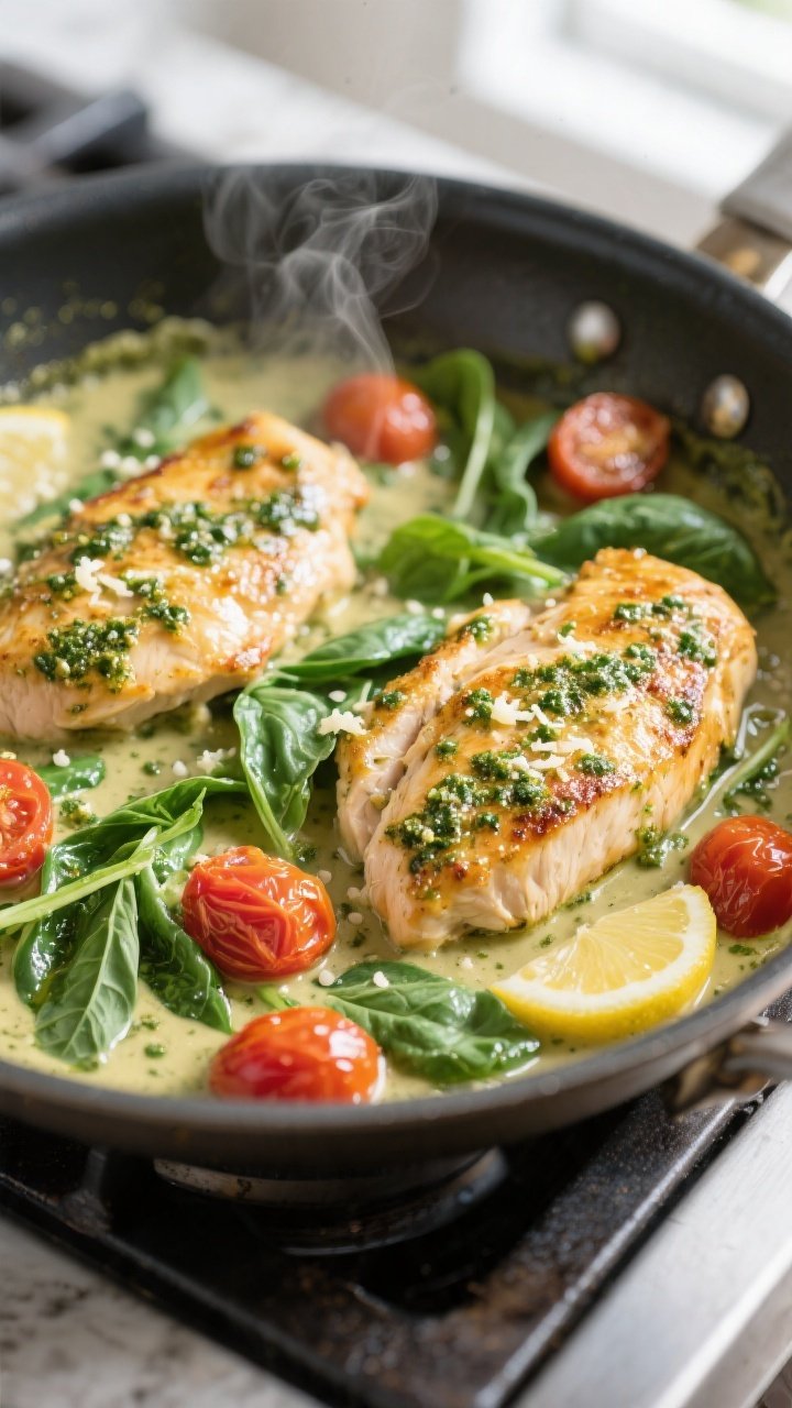 Close-up detail: Golden-seared chicken breasts simmering in creamy basil pesto sauce in a large skil