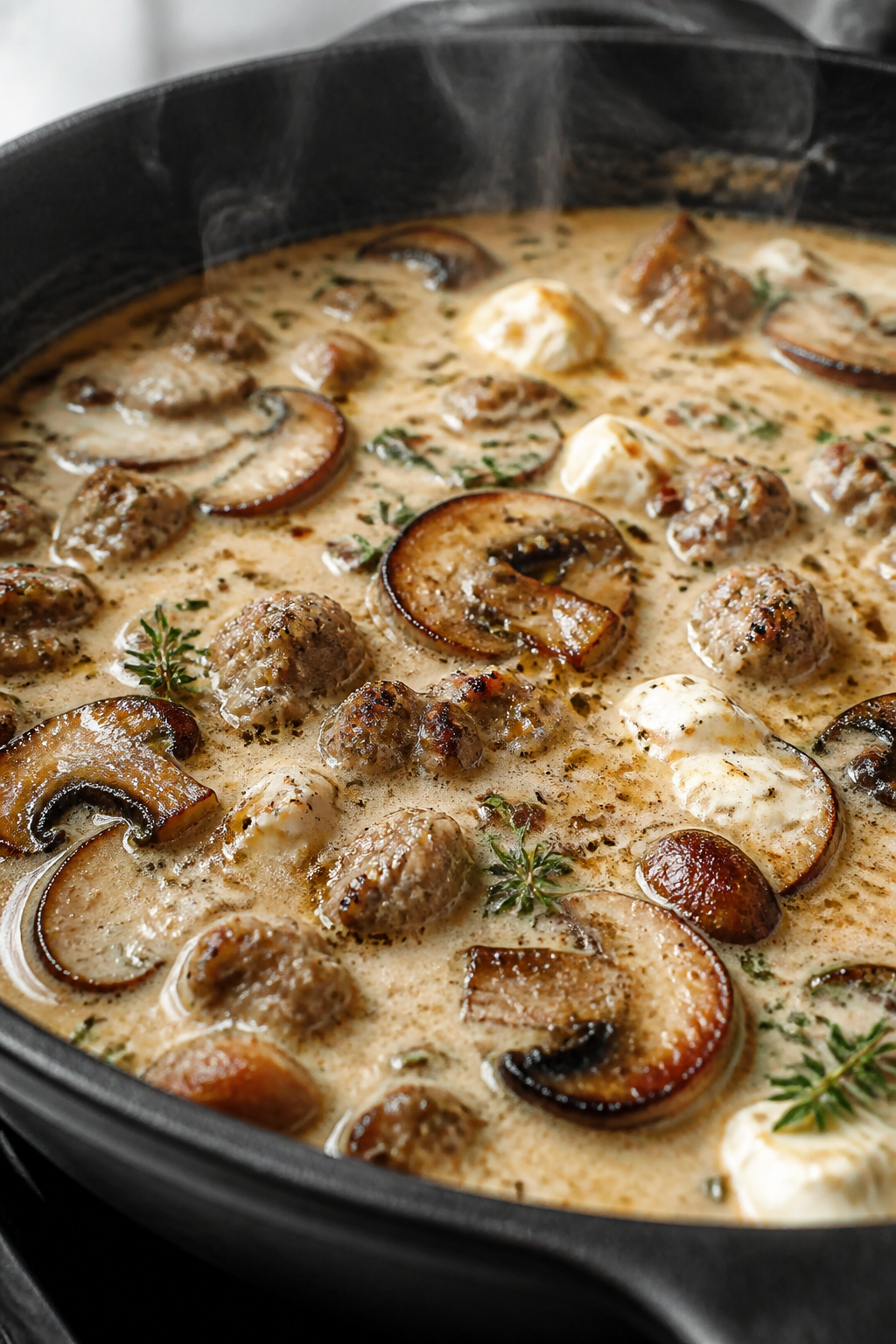 Close-up detail: Golden-seared sliced mushrooms and browned ground turkey nestled in a silky cream s