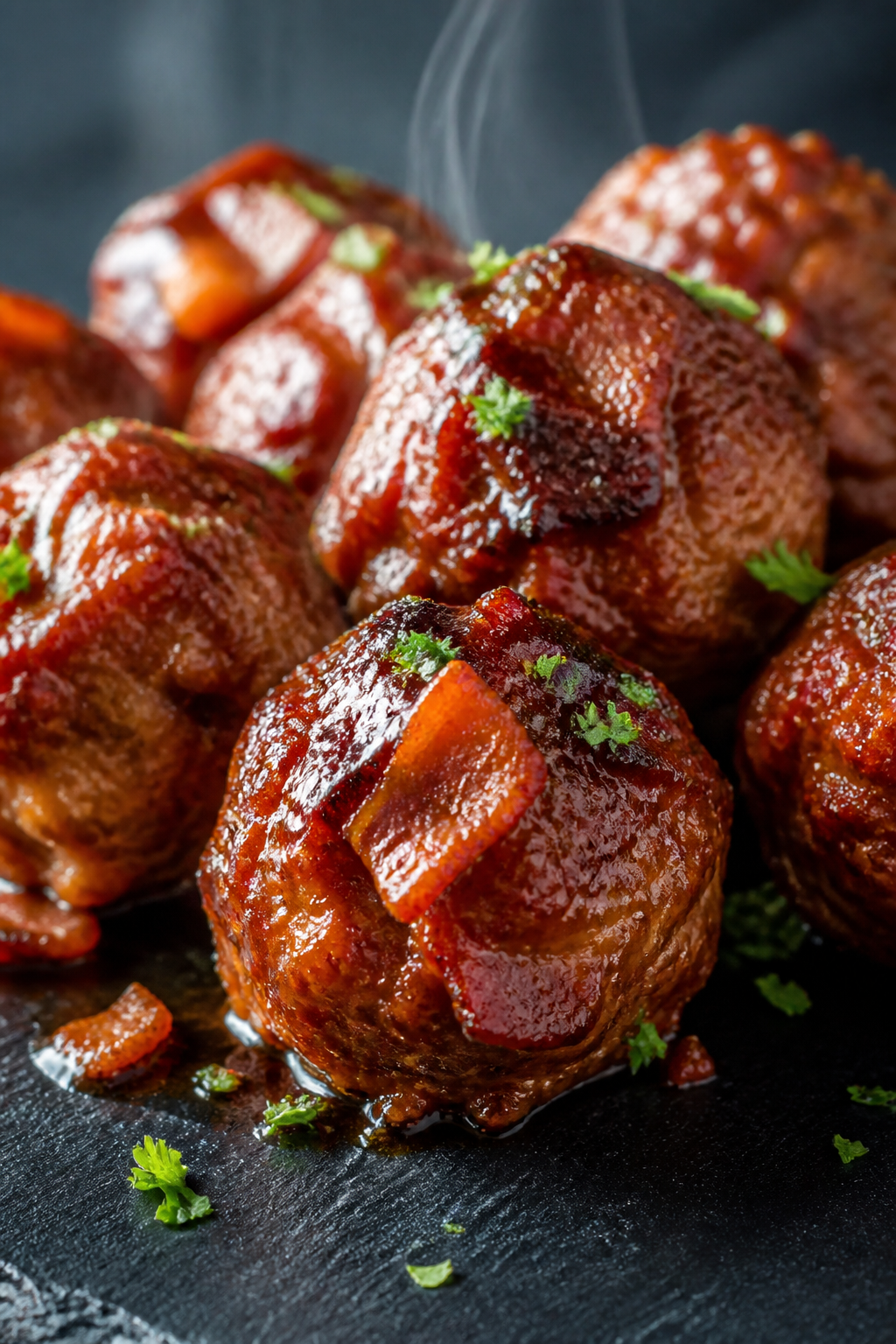 Close-up detail: Juicy, bacon-studded keto BBQ meatballs just after glazing, with a sticky, carameli