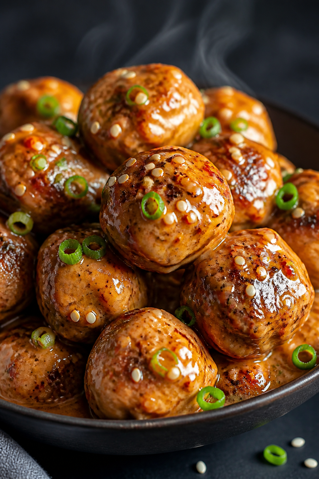 Close-up detail: Juicy baked keto firecracker meatballs just tossed in glossy, creamy-sweet chili sa