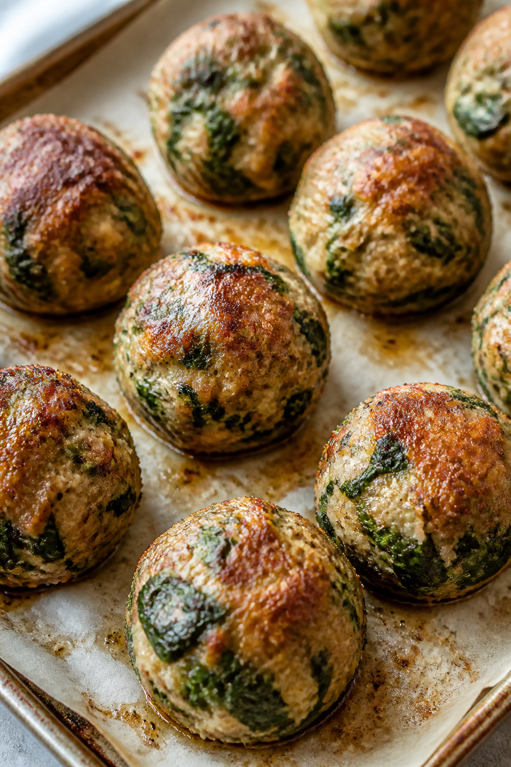 Close-up detail: Juicy baked keto spinach parmesan meatballs just out of the oven on a parchment-lin