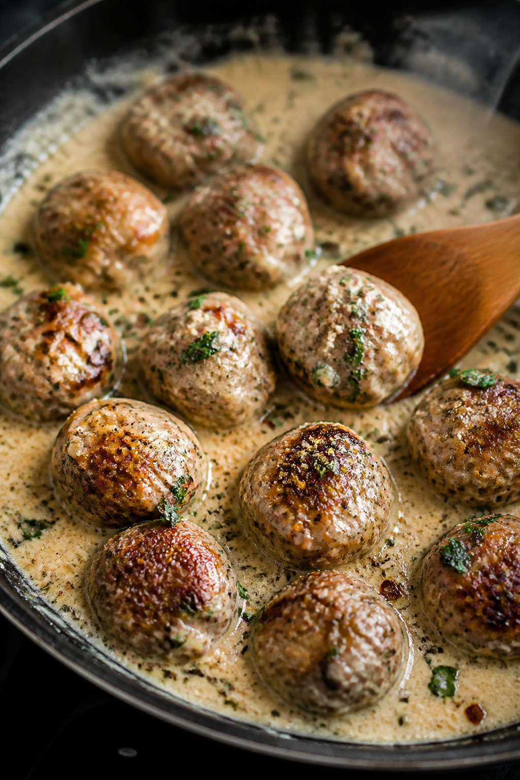 Close-up detail: Juicy, browned Italian keto meatballs nestled in a simmering garlic-Parmesan cream 