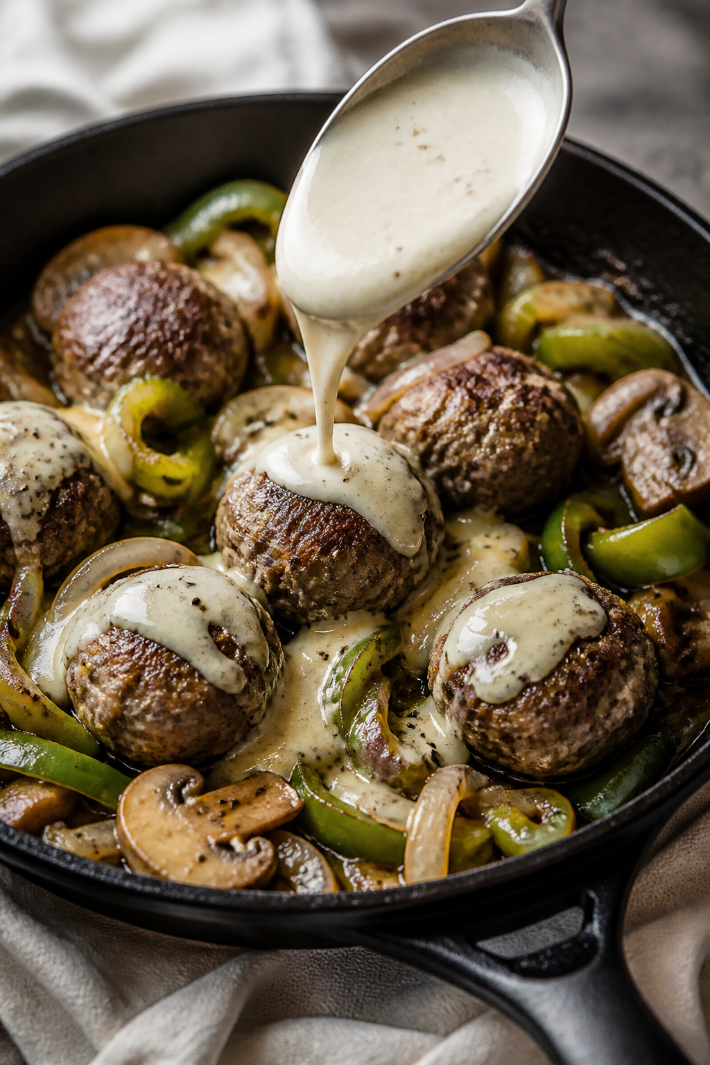 Close-up detail: Juicy browned keto Philly cheesesteak meatballs sizzling in a cast-iron skillet, ne