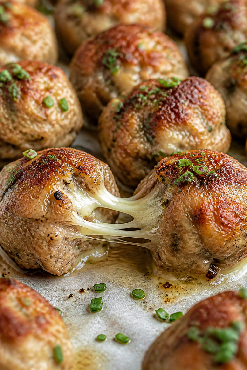 Close-up detail: Juicy keto cheesy ranch meatballs fresh from the oven with a crisp, golden-brown ex