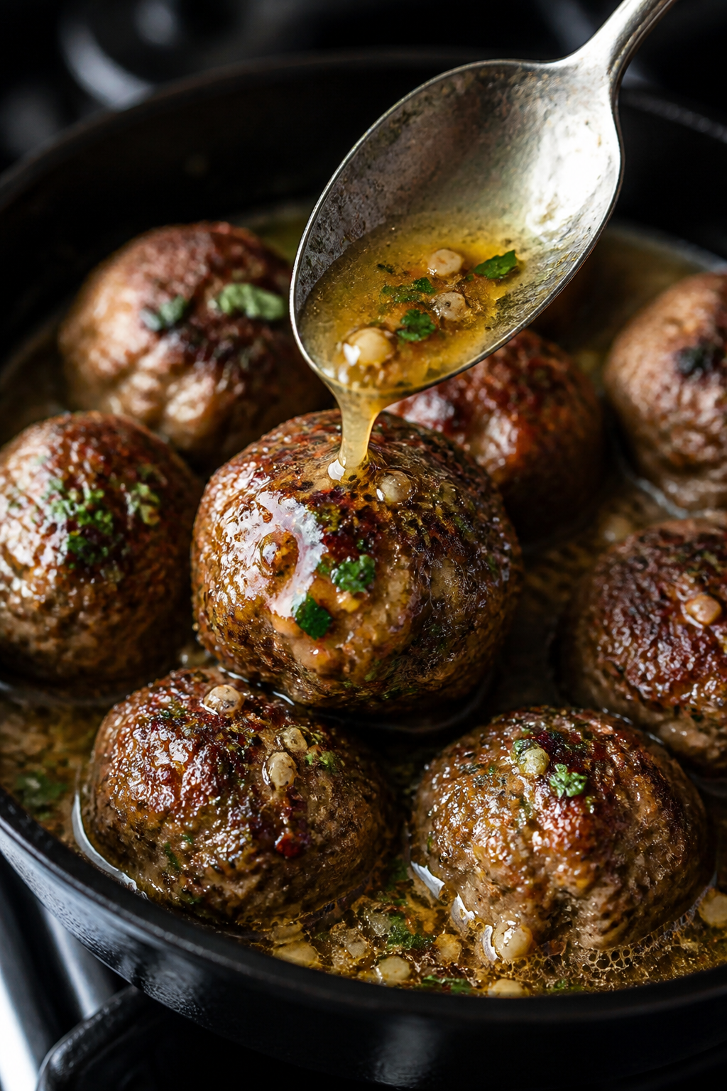 Close-up detail: Juicy keto garlic butter meatballs just finished simmering in a skillet, glistening