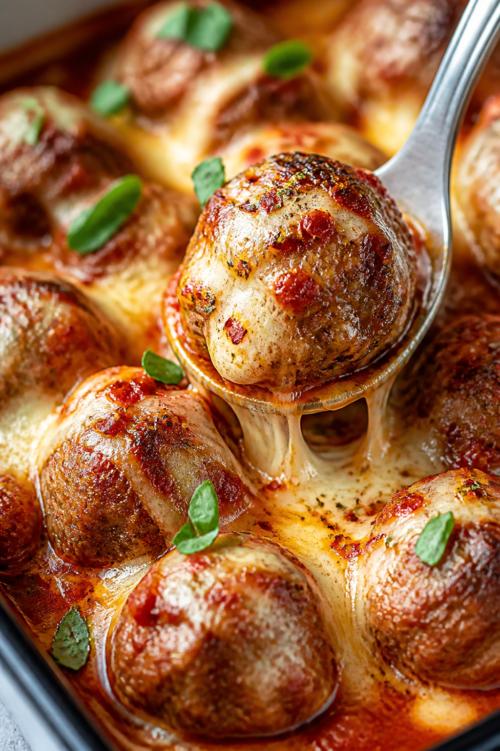 Close-up detail: Juicy keto loaded pizza meatballs just out of the oven, nestled in bubbling low-sug