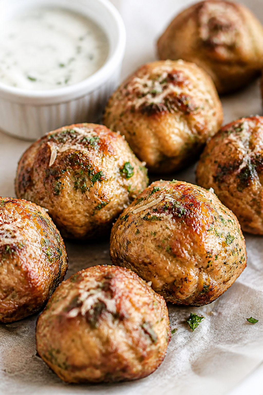 Close-up detail: Juicy keto ranch chicken meatballs just out of the air fryer, golden-brown seared e