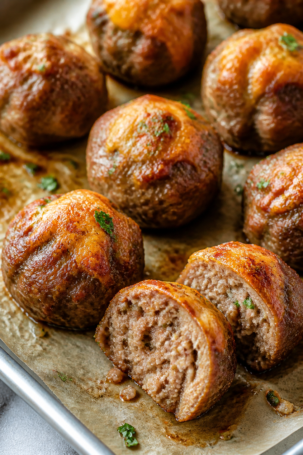 Close-up detail: Juicy keto sausage-and-beef meatballs just out of the oven, browned edges with ligh