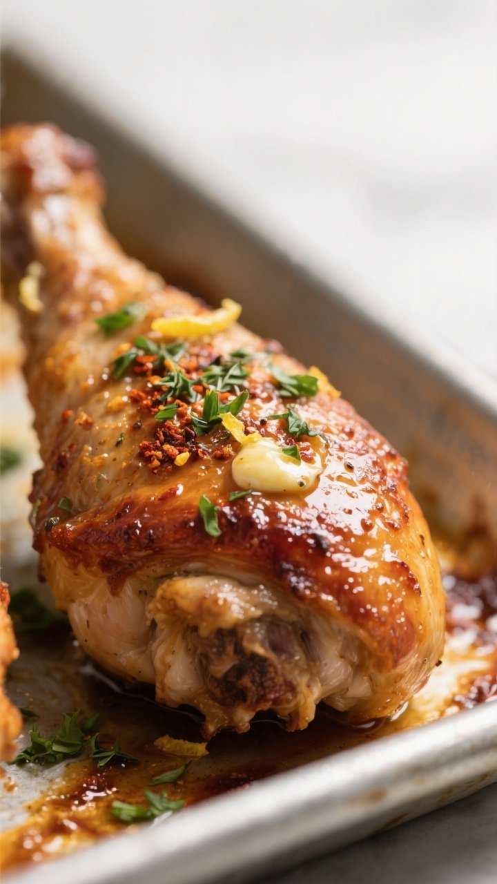 Close-up detail: Juicy roasted chicken thigh, skin crackling and deeply browned from 425°F roasting