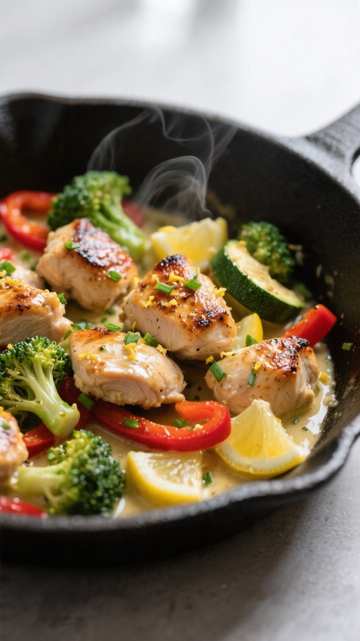 Close-up detail: Juicy, seared garlic butter chicken bites tossed with crisp-tender broccoli, red be