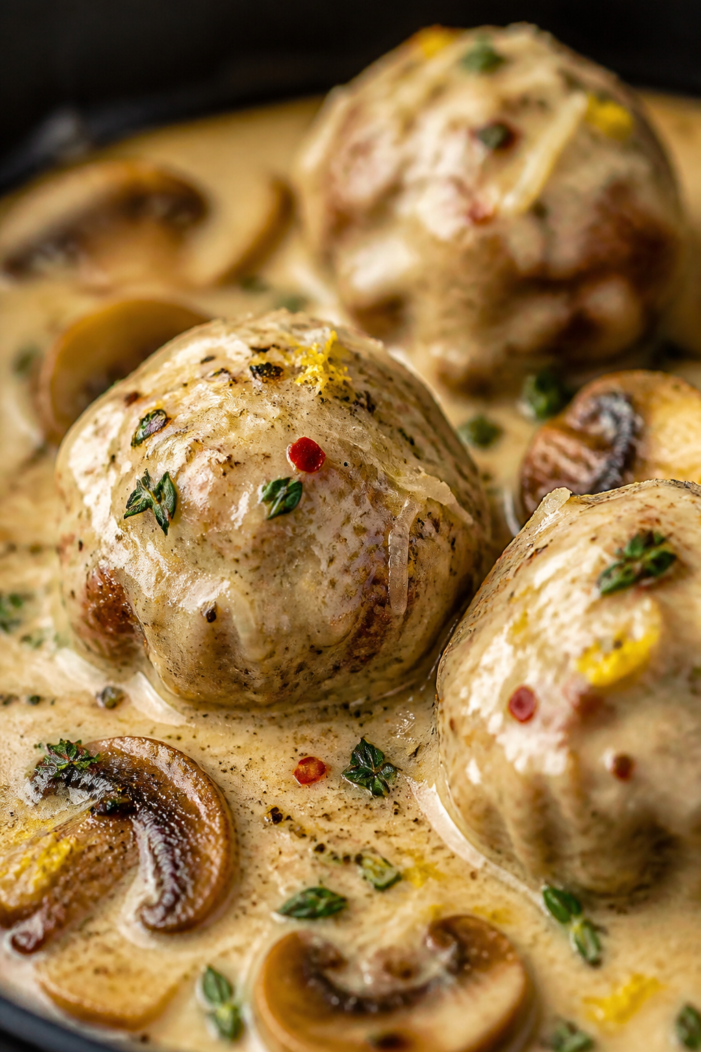Close-up detail — Luxurious garlic mushroom cream sauce coating meatballs: tight macro of two or t