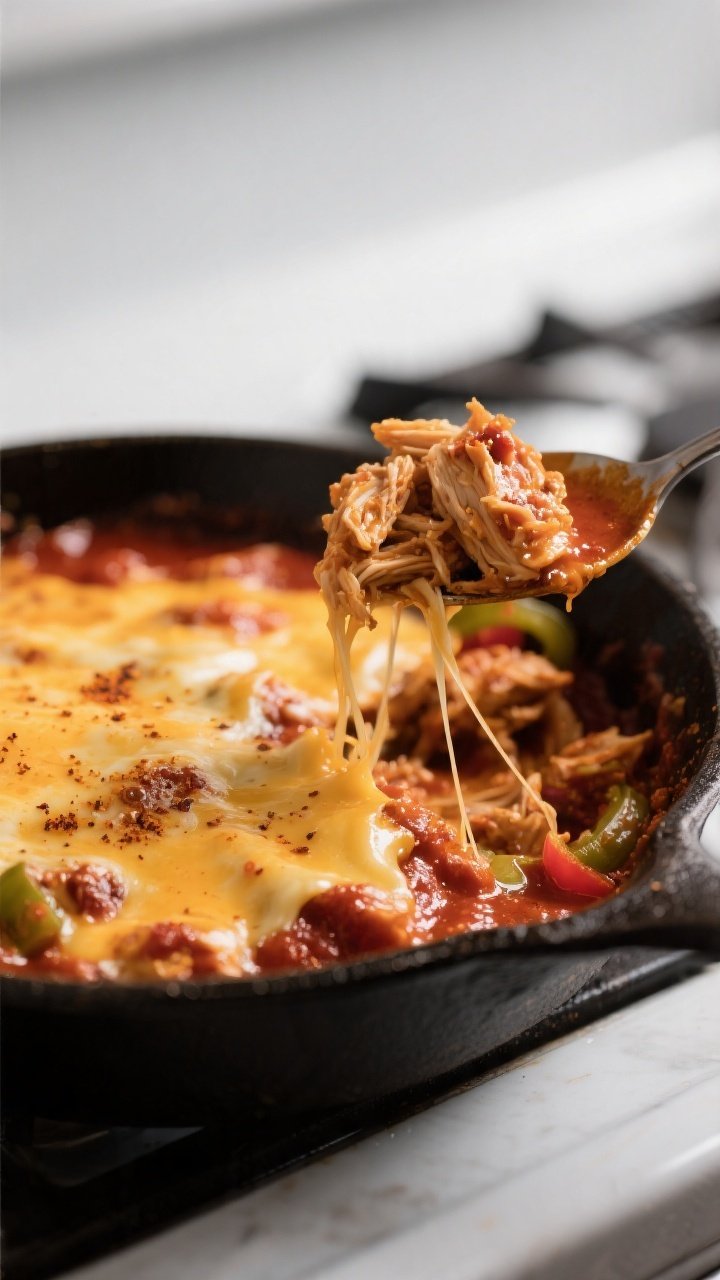 Close-up detail: Melted cheese blanket over creamy red enchilada chicken in a skillet, strings of Mo