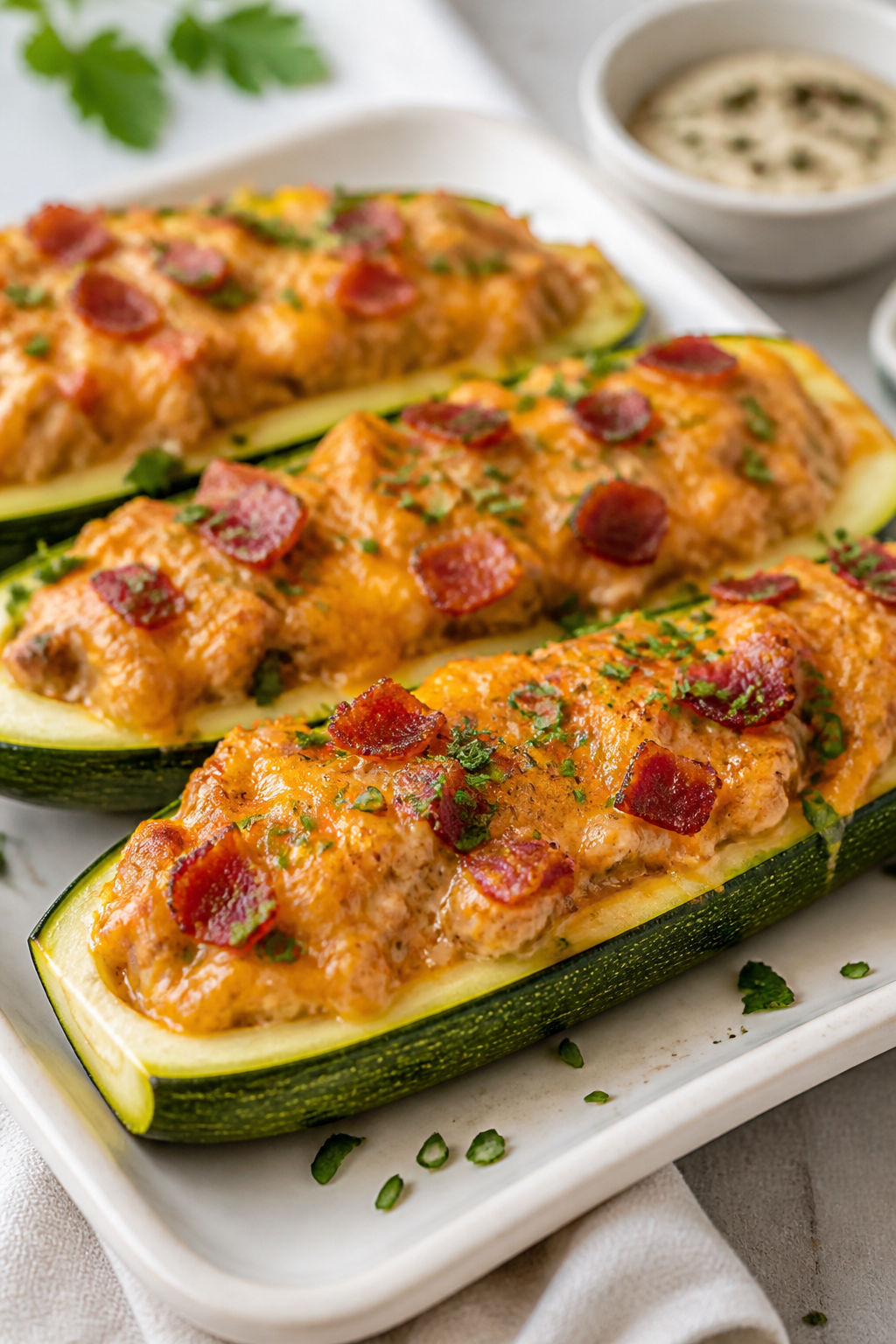 Close-up detail: Melted-cheese-topped ground turkey filling nestled inside par-baked zucchini boats,