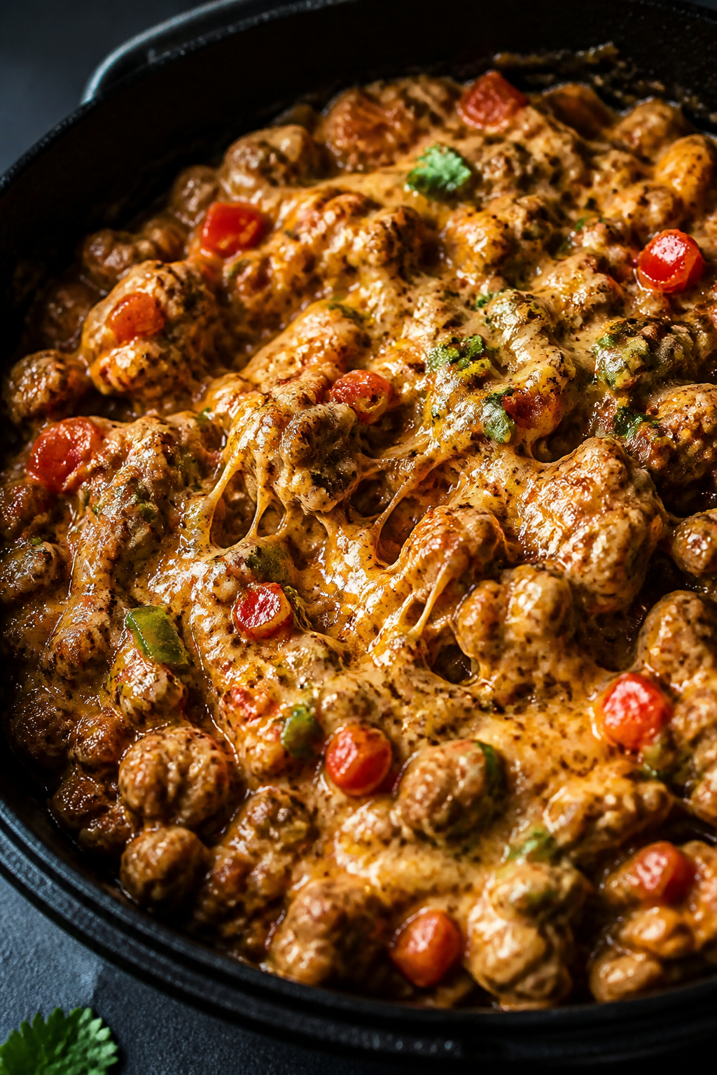 Close-up detail: Melted “crack” turkey taco mixture in a black cast-iron skillet right after sti
