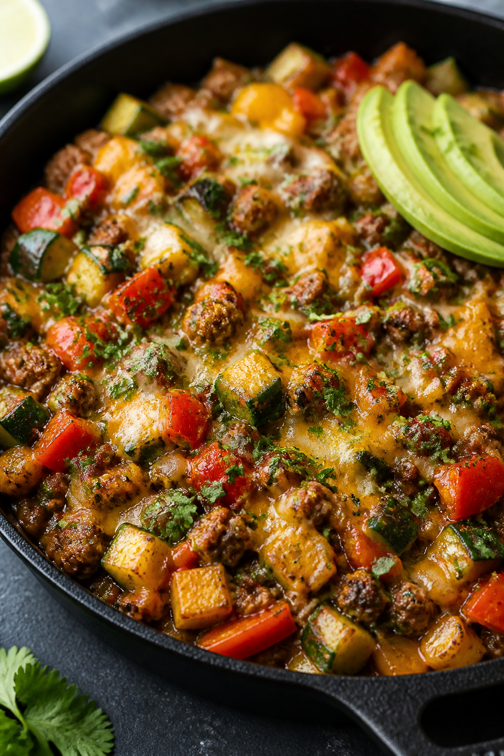Close-up detail: Melty cheese-topped keto ground turkey taco skillet in a cast-iron pan, showing bro