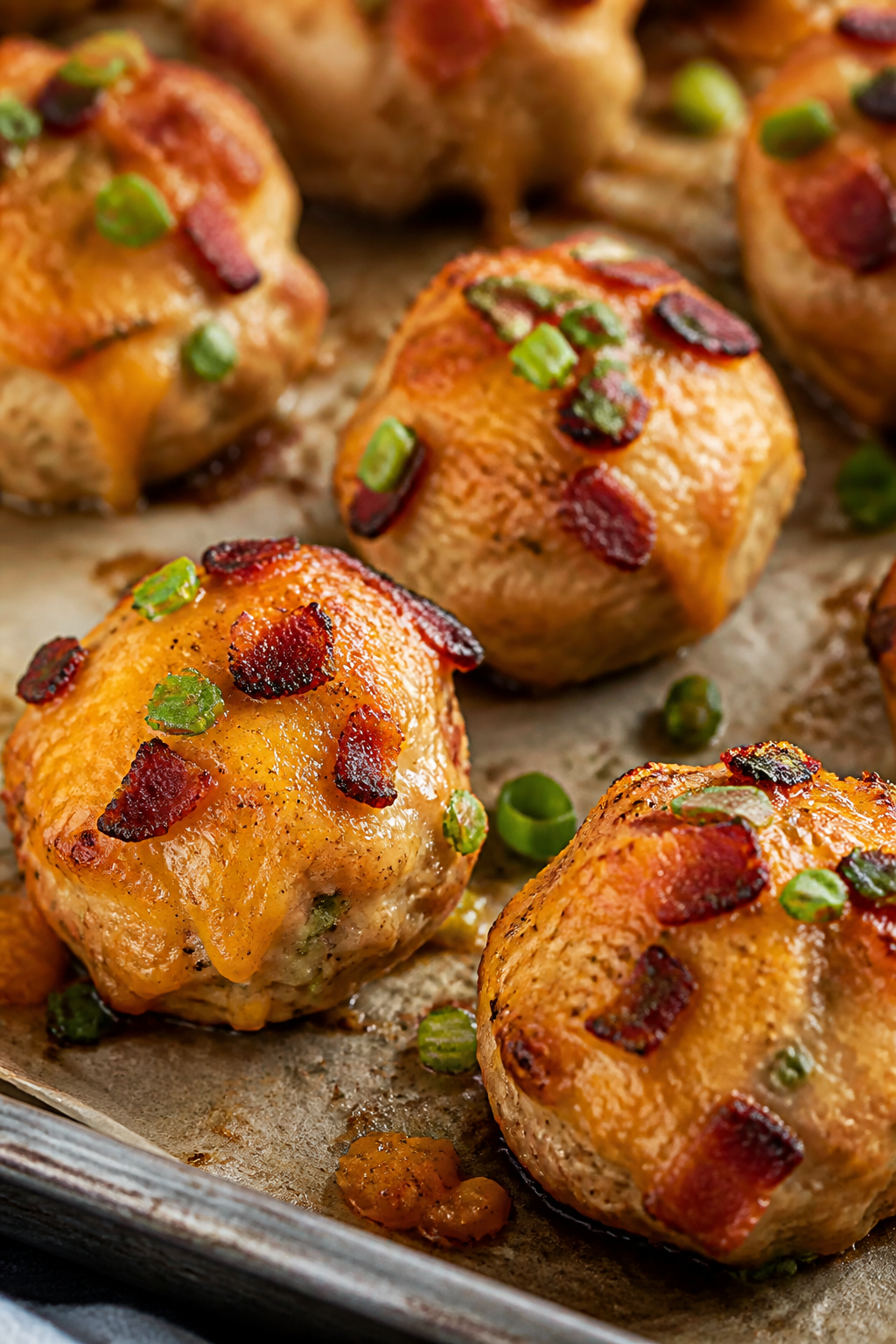 Close-up detail of freshly baked Keto Crack Chicken Meatballs on a parchment-lined sheet pan, edges 