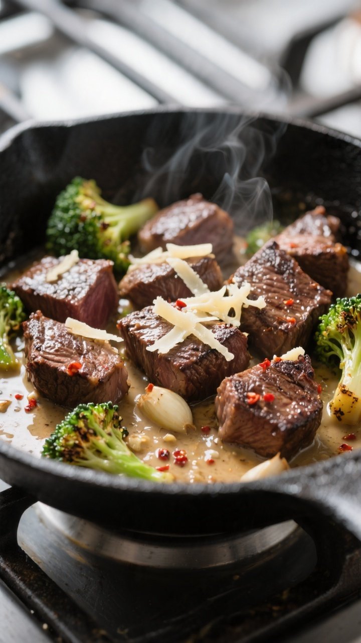 Close-up detail of seared steak bites just tossed in glossy garlic-Parmesan butter in a black skille