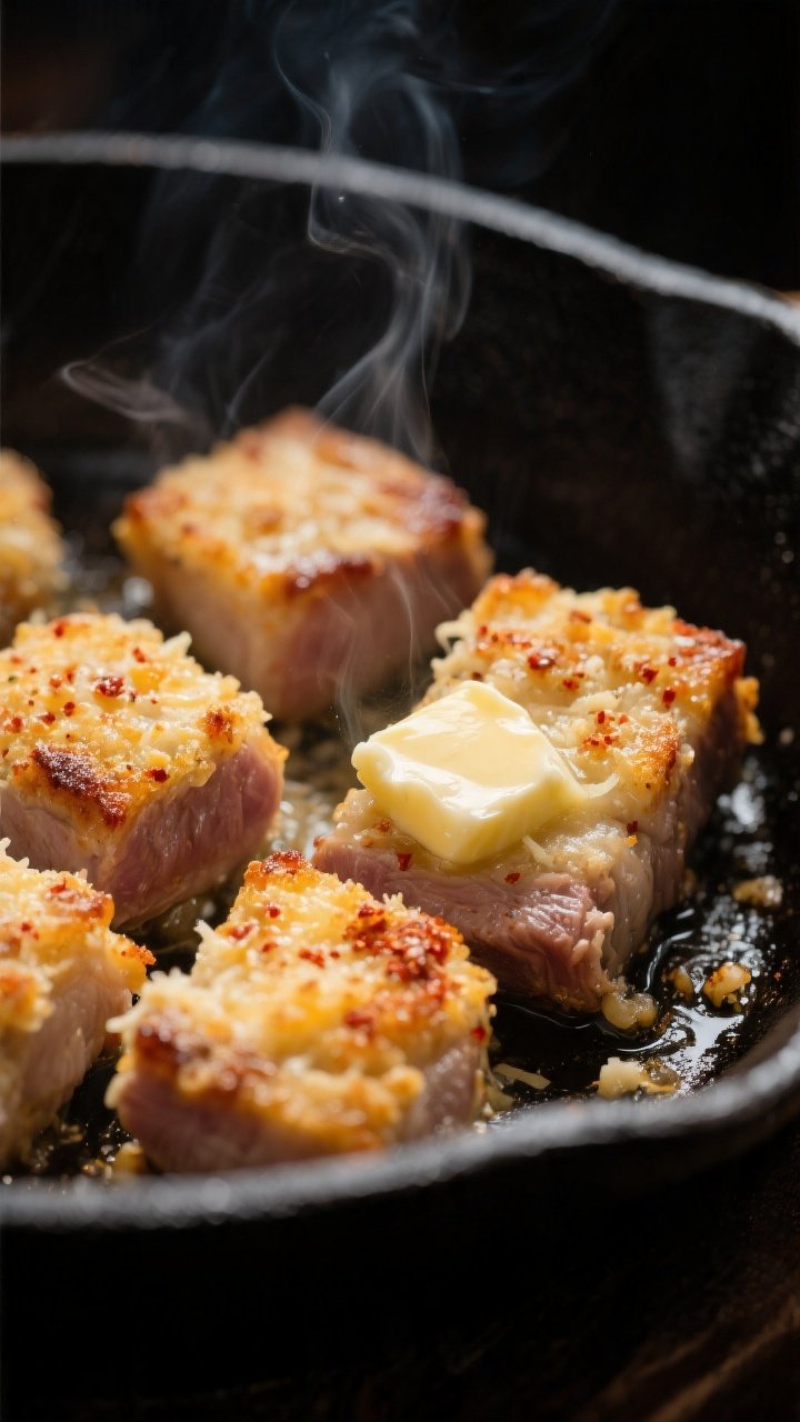 Close-up detail of sizzling garlic-Parmesan pork bites in a black cast-iron skillet during searing, 