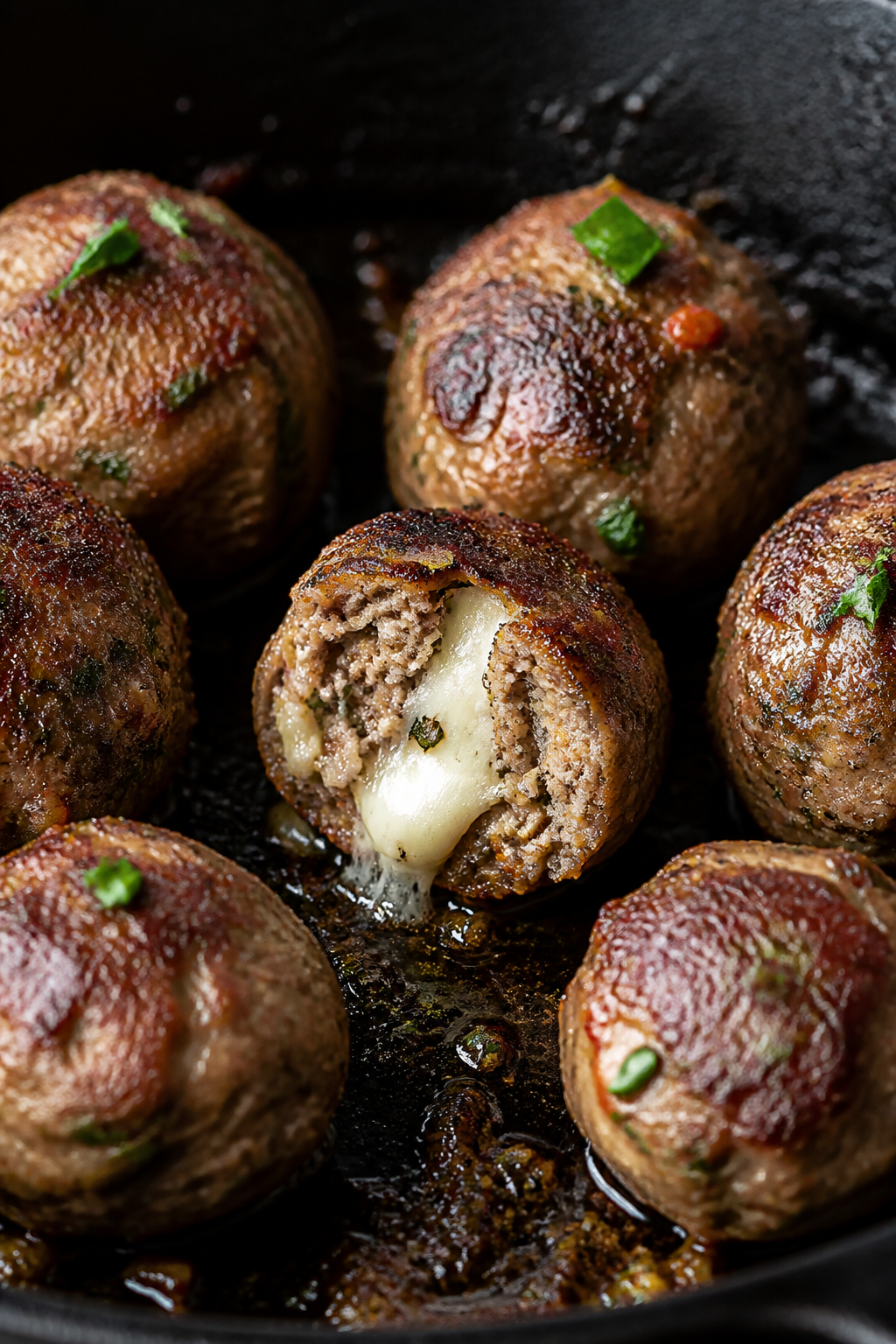 Close-up detail: Pan-seared, mozzarella-stuffed keto meatballs sizzling in an oven-safe skillet righ