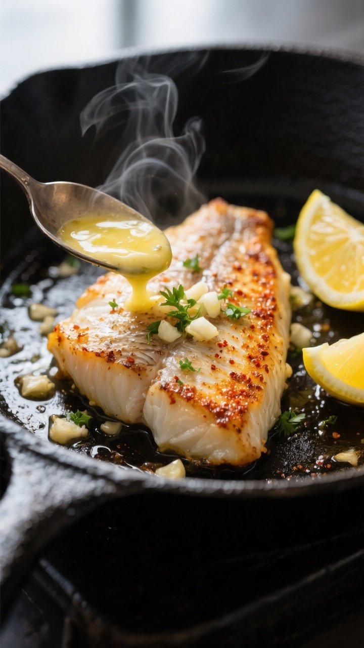 Close-up detail: Pan-seared tilapia fillet in the skillet, edges crisping and lightly golden with pa