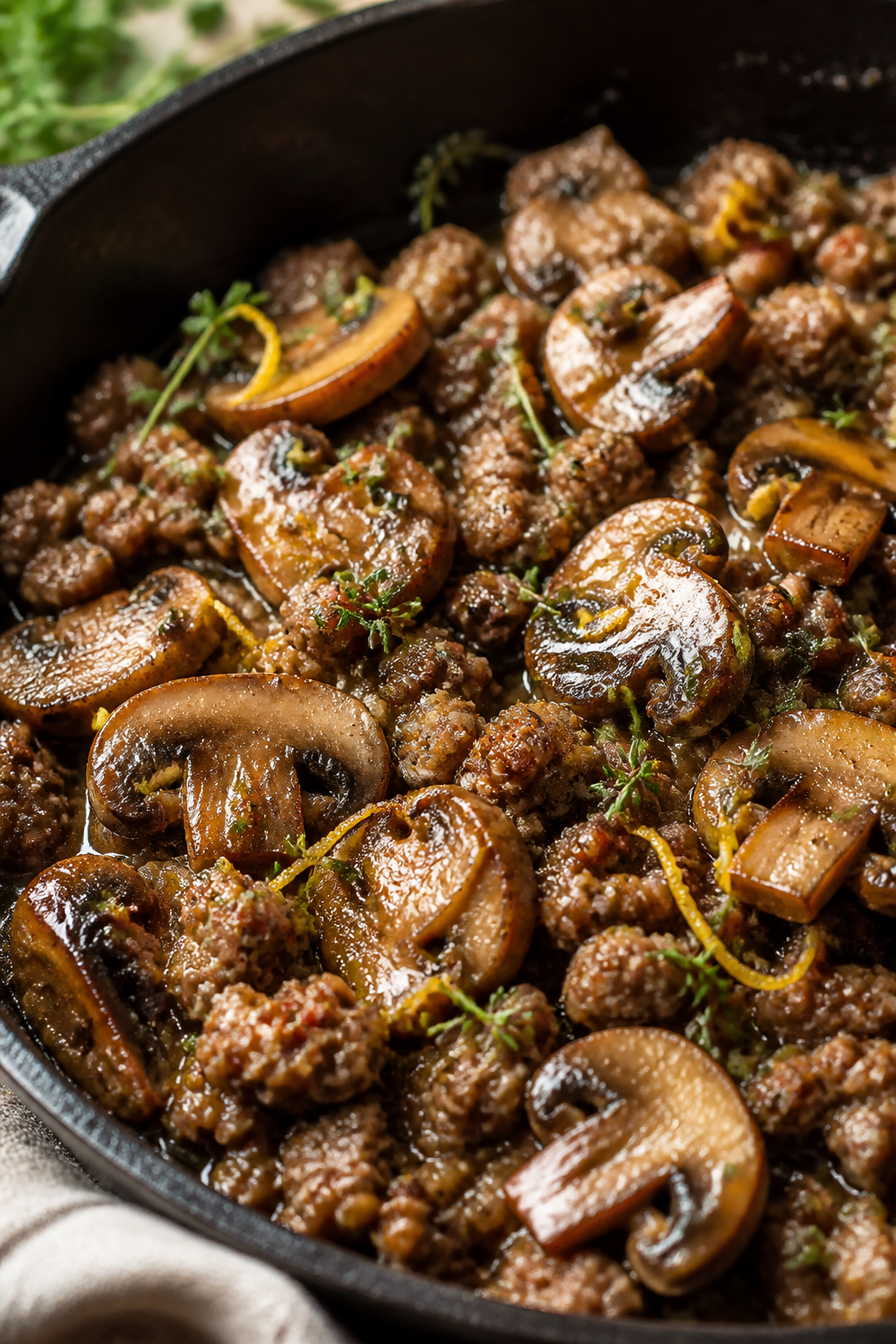 Close-up detail: Sautéed cremini mushrooms and browned ground turkey glistening in a garlicky butte