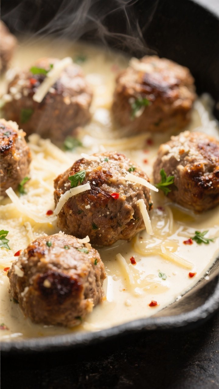 Close-up detail: Sear-kissed keto garlic Parmesan meatballs nestled in a creamy Parmesan-garlic sauc