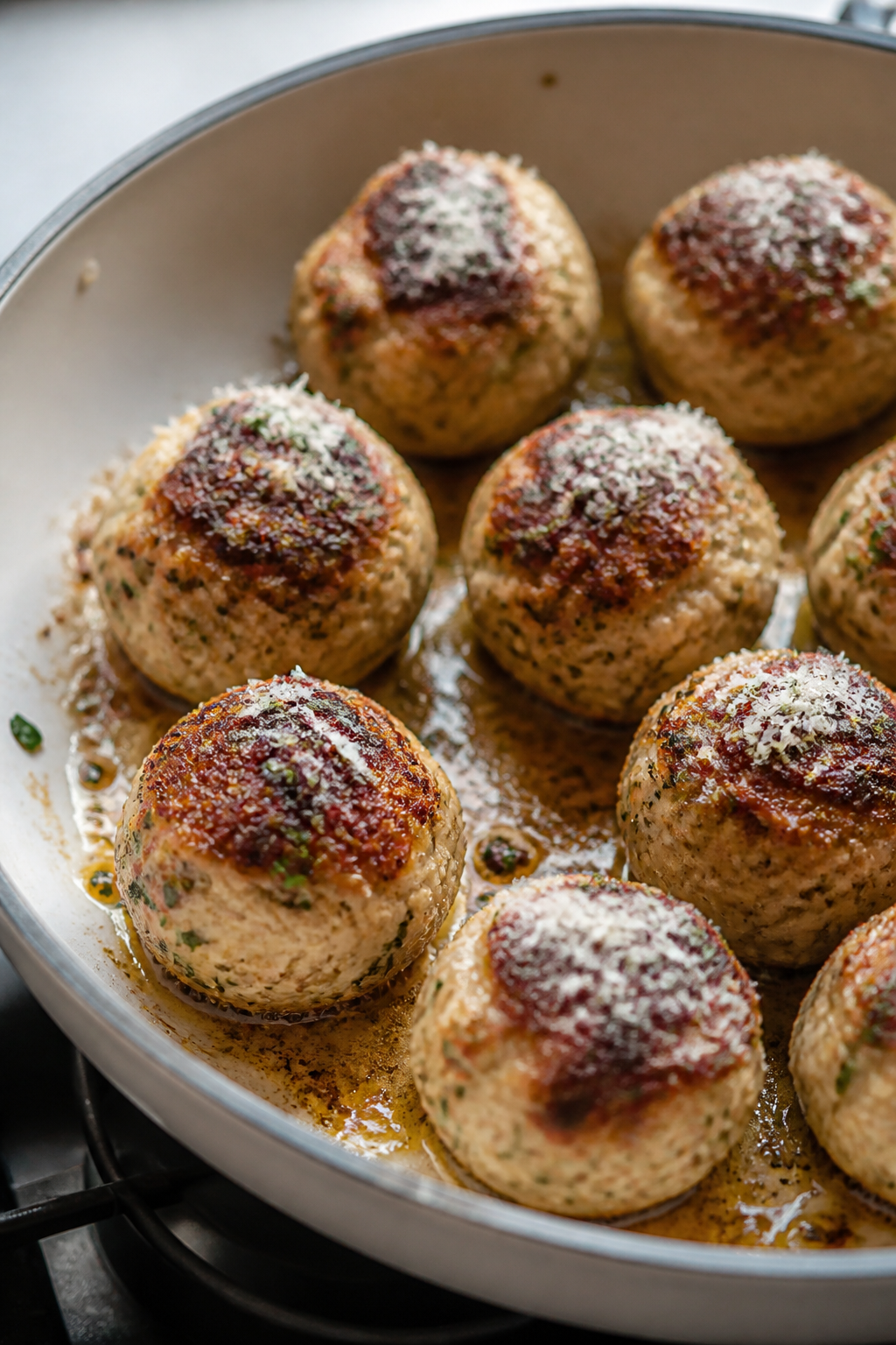 Close-up detail: Seared keto turkey meatballs browning in an oven-safe skillet, golden crust from pa