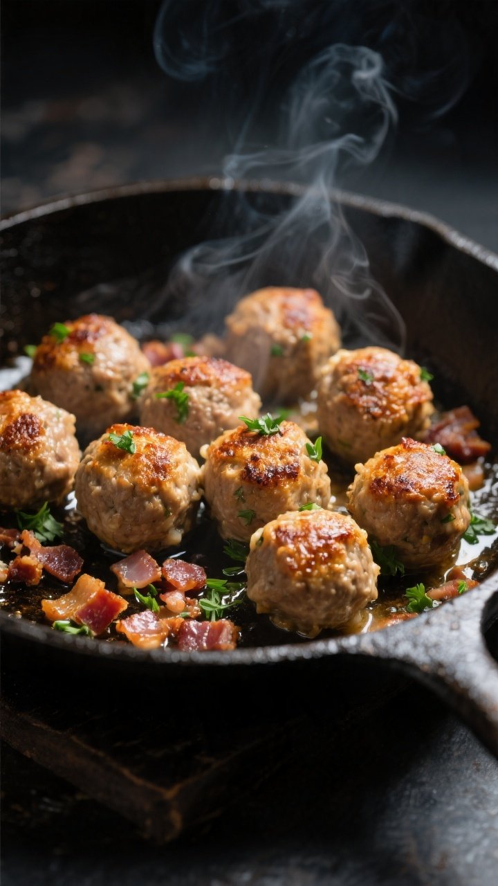 Close-up detail: Searing keto bacon ranch meatballs in a cast-iron skillet, golden-brown crust devel