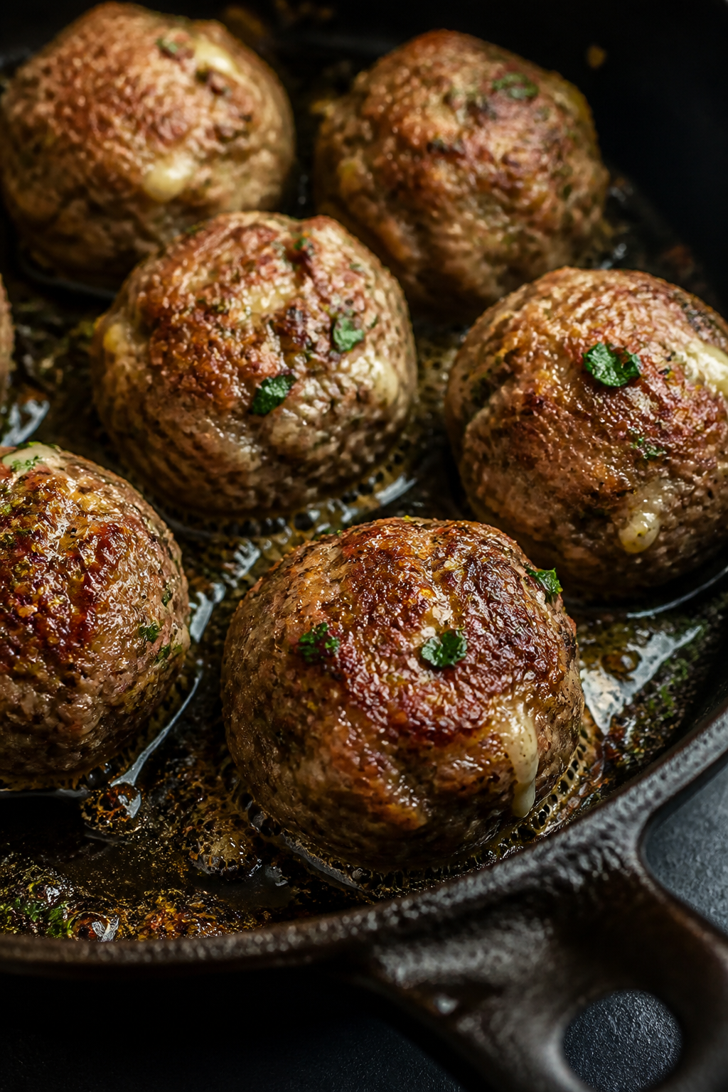 Close-up detail: Searing Keto Garlic Asiago Meatballs in a cast-iron skillet, golden-brown crust for
