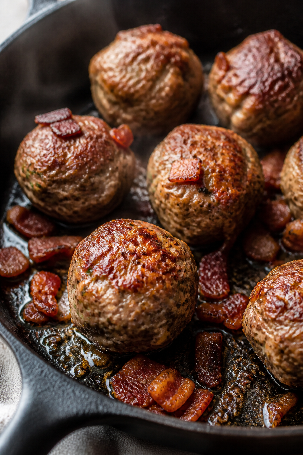 Close-up detail: Searing keto garlic bacon meatballs in a black cast-iron skillet, golden-brown crus