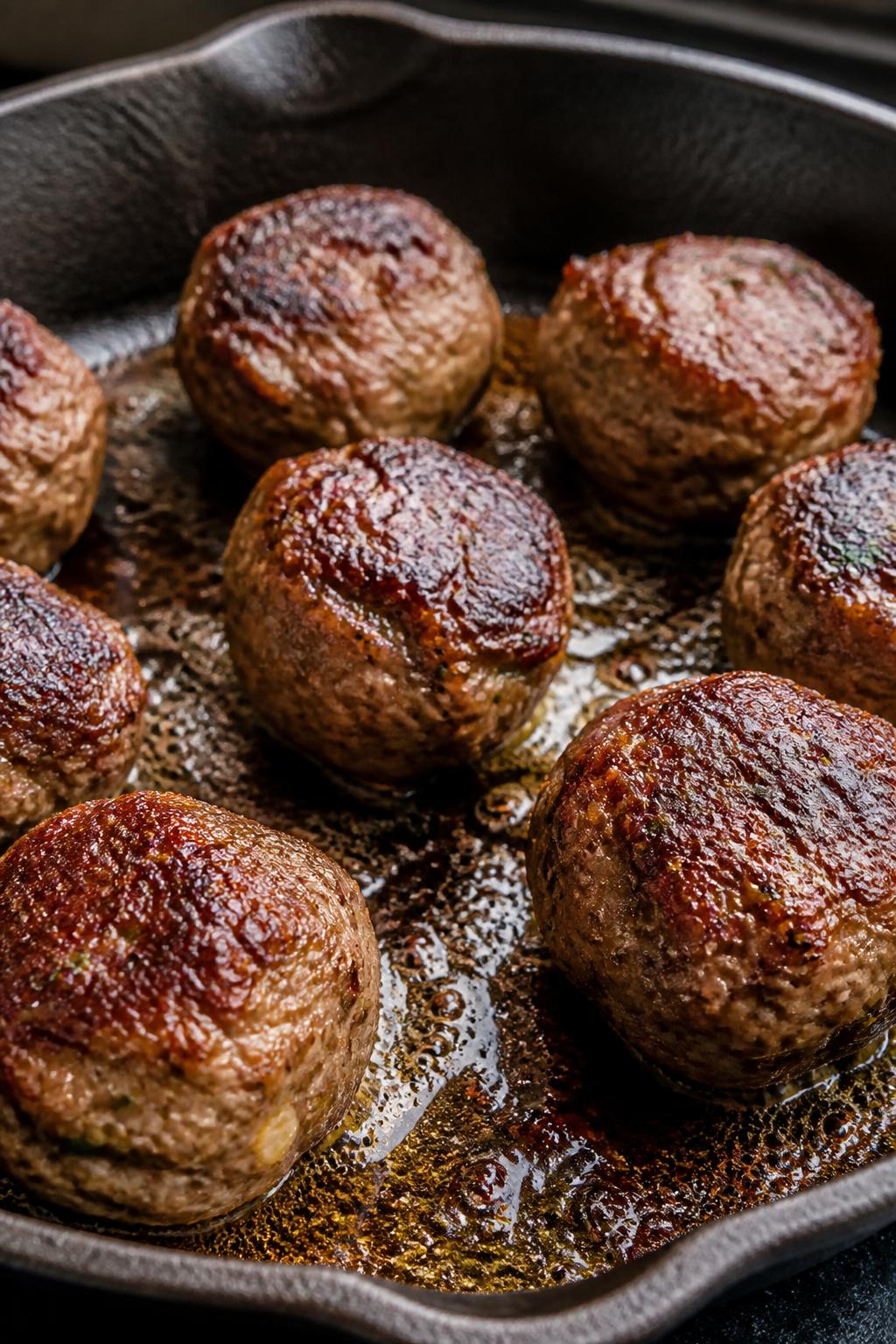 Close-up detail: Searing keto meatballs in a heavy skillet, deeply browned crust with glistening ren