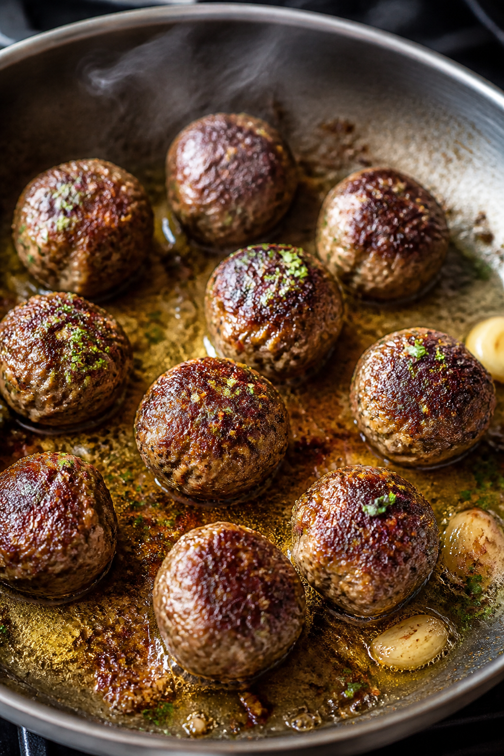 Close-up detail: Searing keto meatballs in a large skillet, browned crust with glistening fat and fo