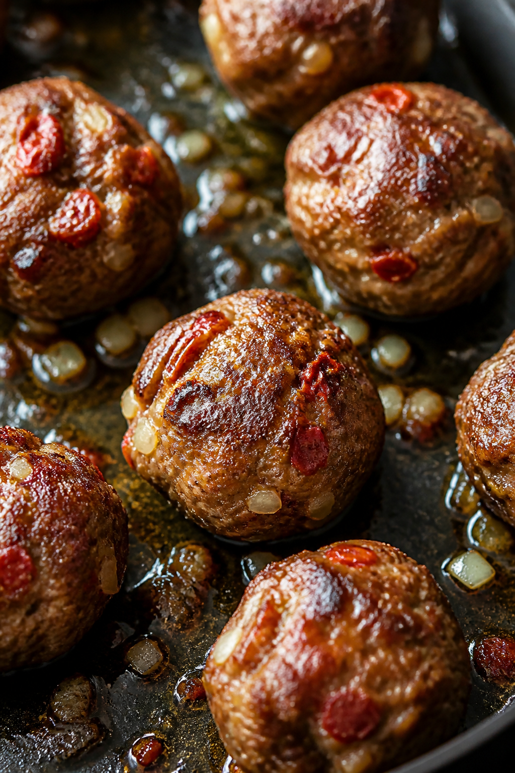 Close-up detail: Searing keto sun-dried tomato meatballs in a large skillet, browned crust with visi