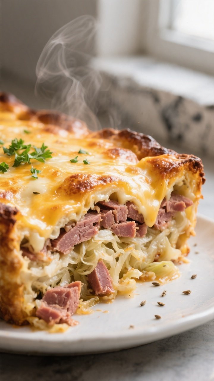 Close-up detail shot: A baked Keto Reuben Casserole corner just out of the oven, cheese bubbly and l