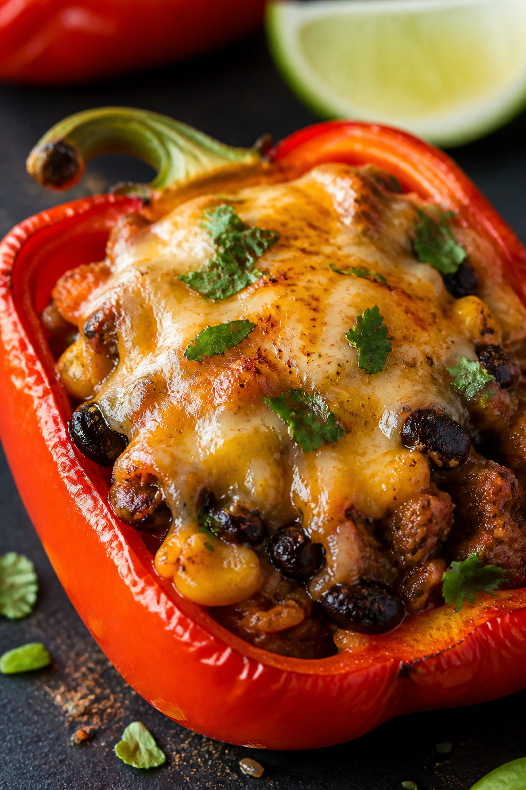 Close-up detail shot: A halved bell pepper just out of the oven, stuffed with juicy ground turkey, b