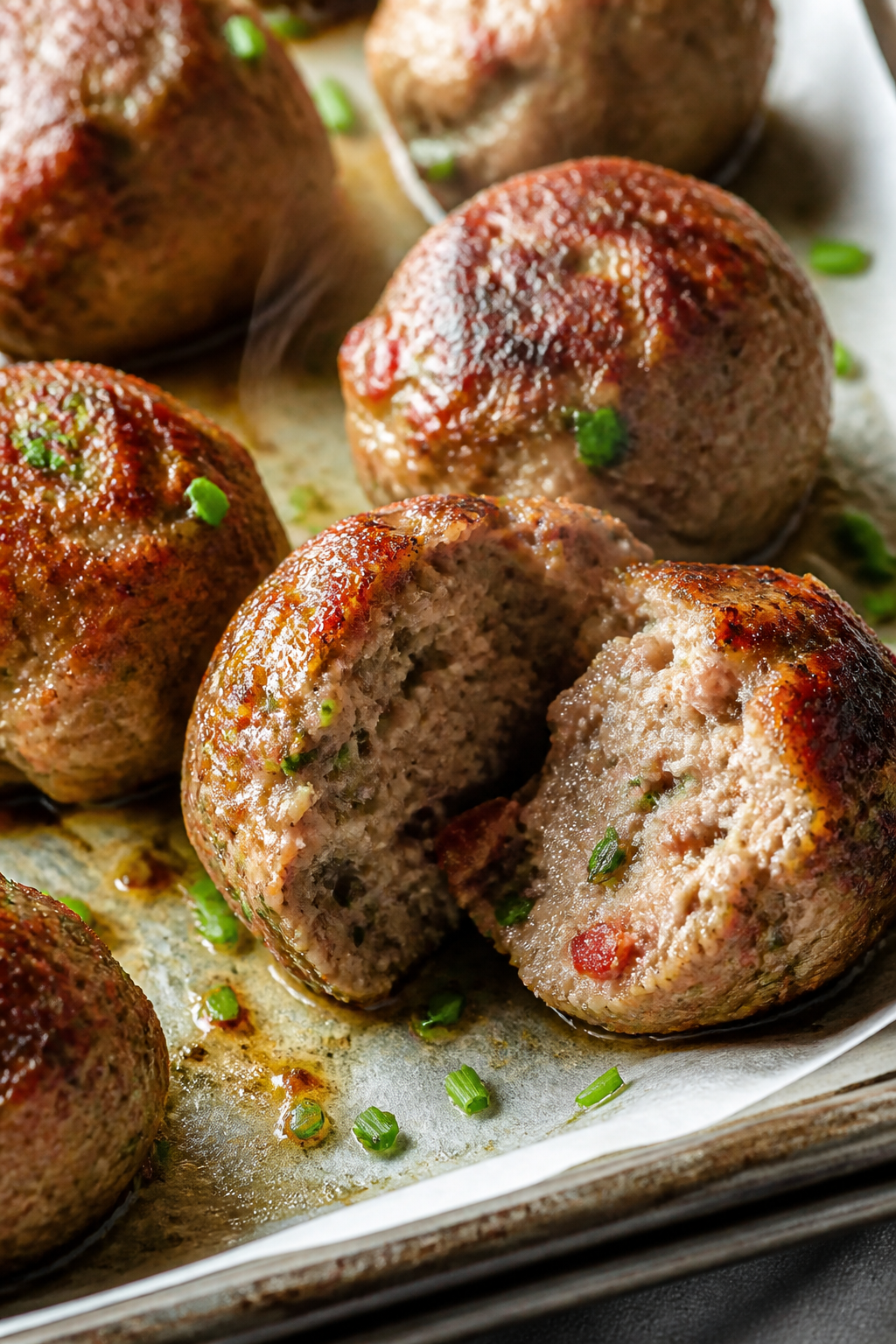 Close-up detail shot: A tray of freshly baked keto bacon ranch meatballs just out of the oven, golde