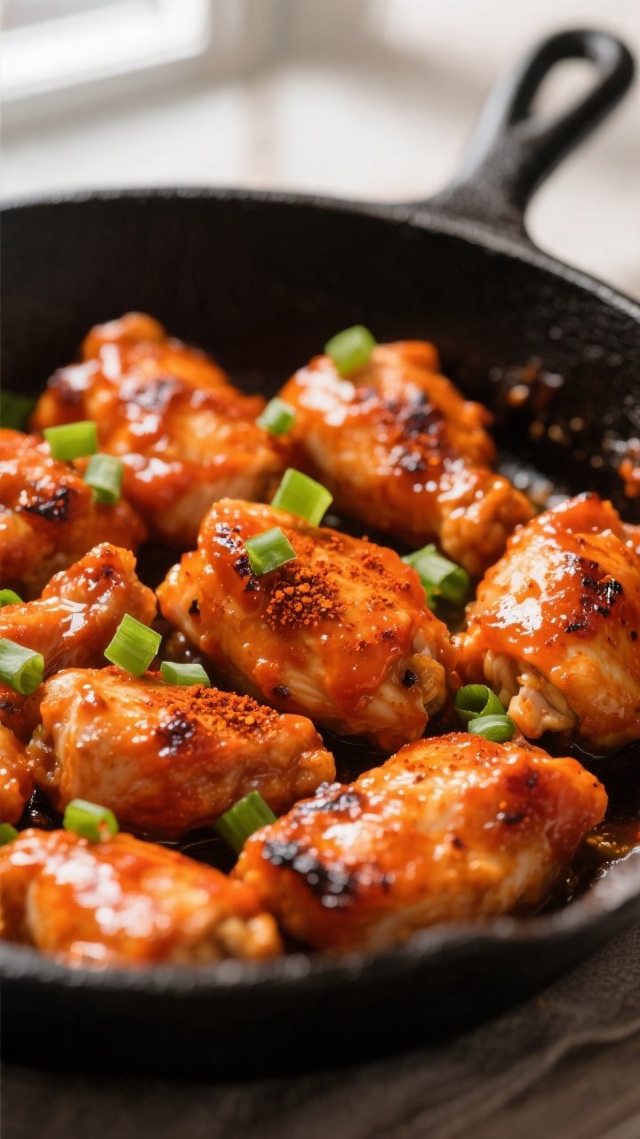 Close-up detail shot: Bite-size sautéed Buffalo chicken pieces glistening with a vibrant orange-red
