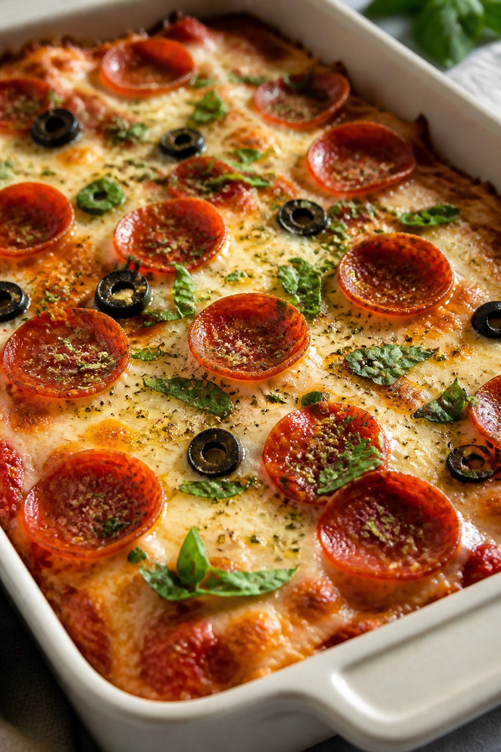 Close-up detail shot: Broiled turkey pepperoni pizza bake just out of the oven, bubbling mozzarella 