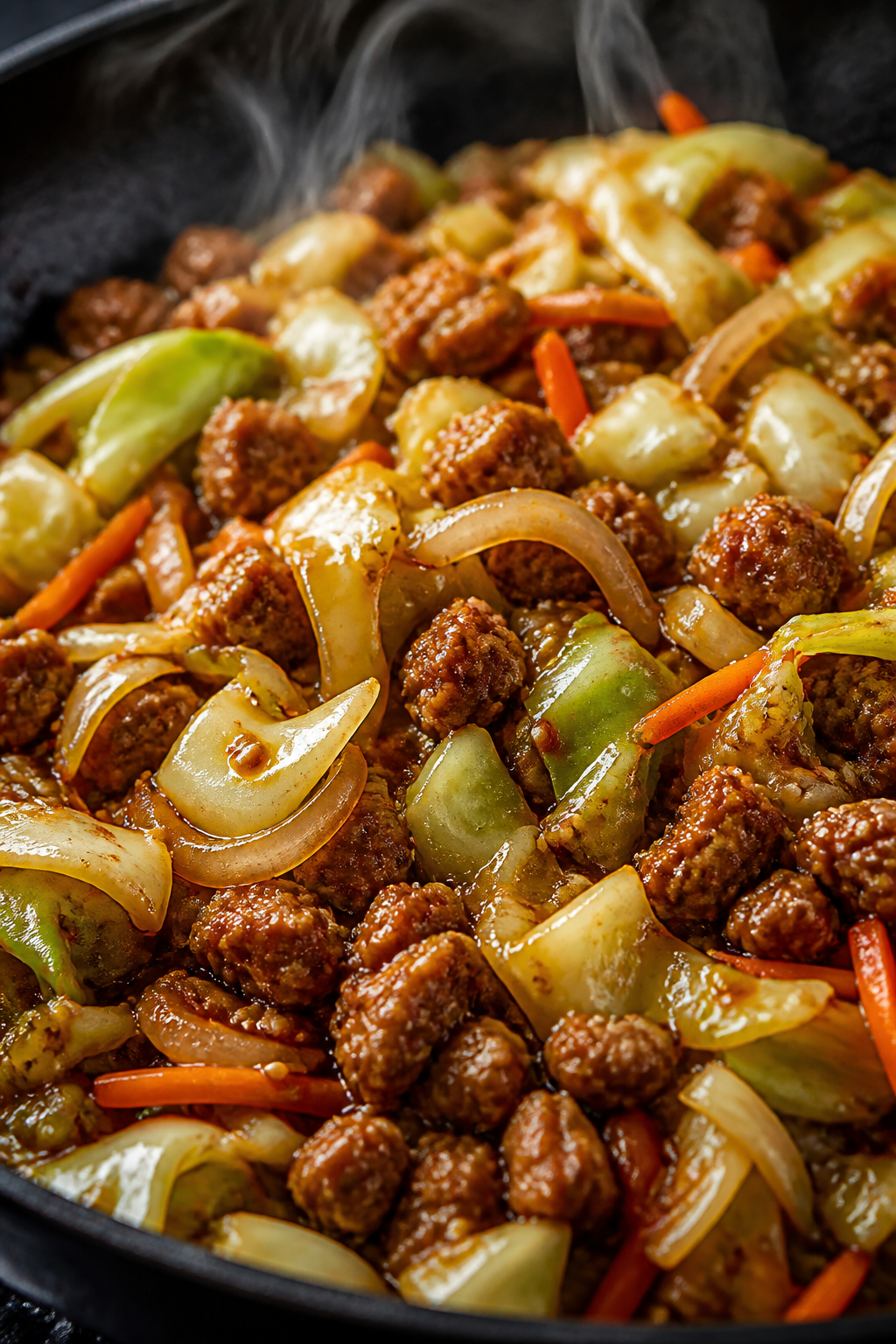 Close-up detail shot: Glossy ground turkey and tender-crisp cabbage mid-sauté in a wide skillet, tu