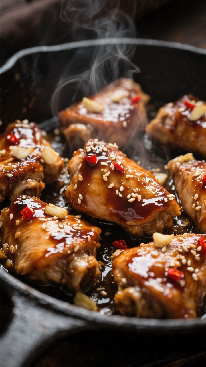 Close-up detail shot: Glossy keto teriyaki chicken thighs simmering in a skillet, bite-size pieces l