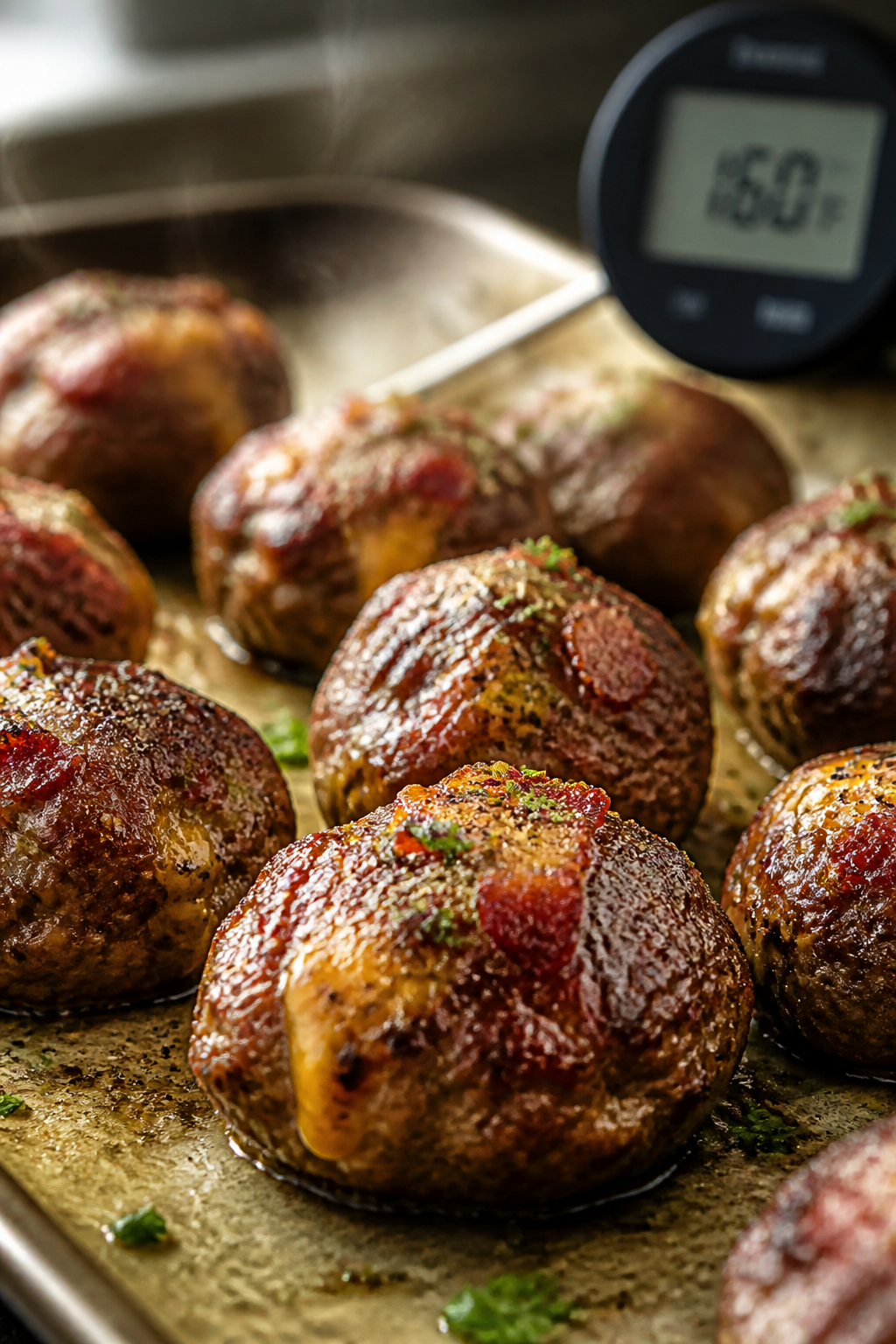 Close-up detail shot: Golden-brown bacon cheeseburger meatballs just out of the oven, glistening wit