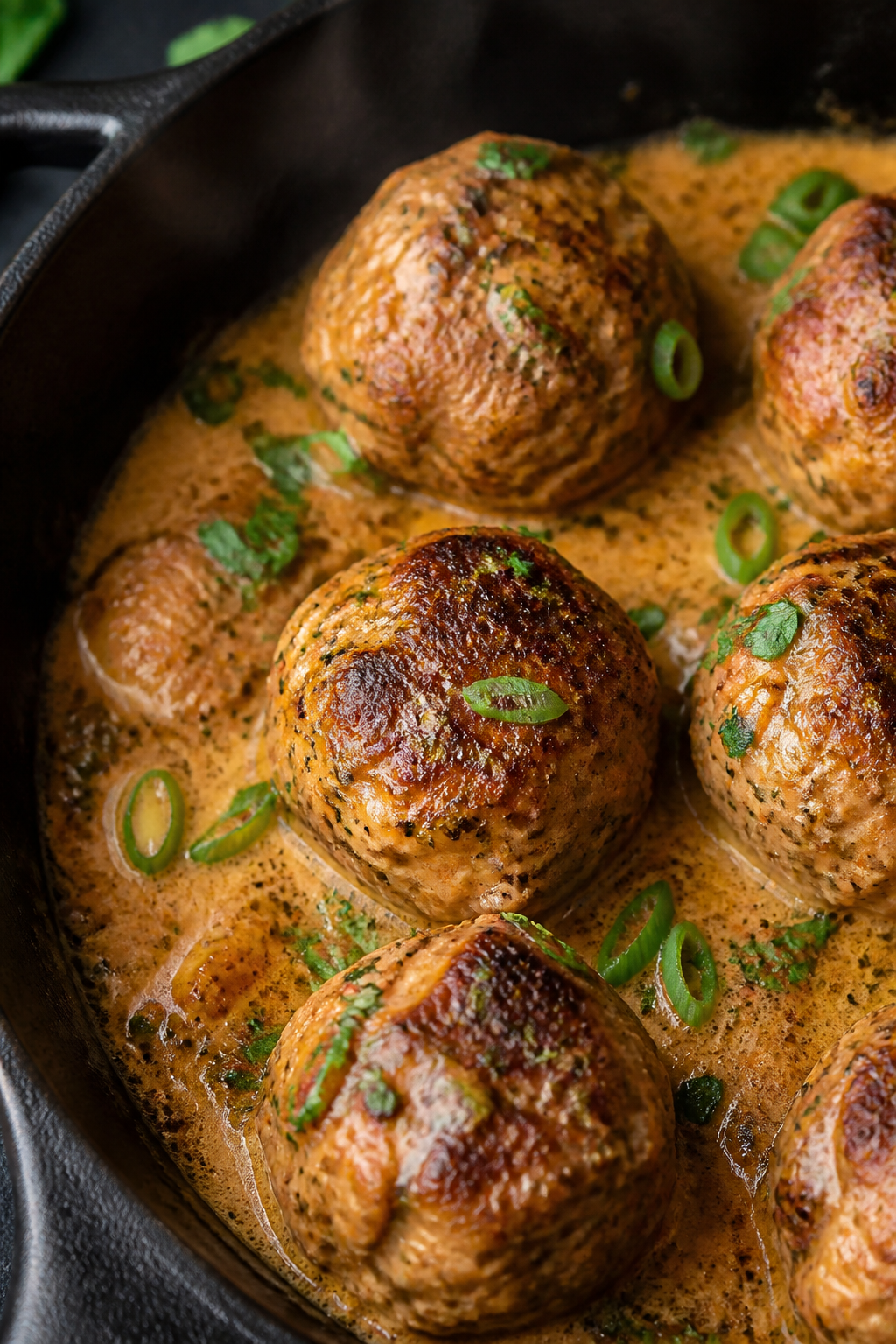 Close-up detail shot: Golden-browned Cajun chicken meatballs sizzling in a cast-iron skillet, gliste