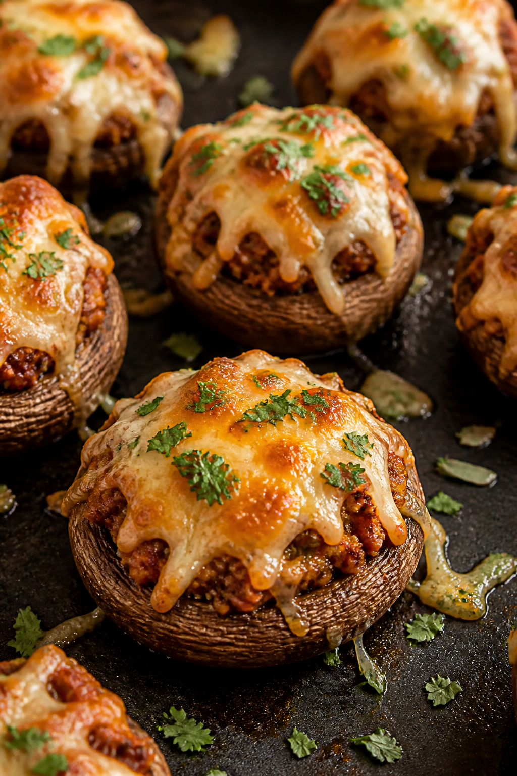 Close-up detail shot: Golden, cheese-topped turkey taco stuffed mushrooms just out of the oven, chee
