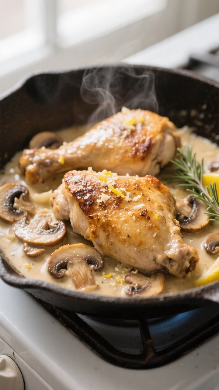 Close-up detail shot: Golden pan-seared chicken thighs nestled in a creamy garlic-Parmesan mushroom 