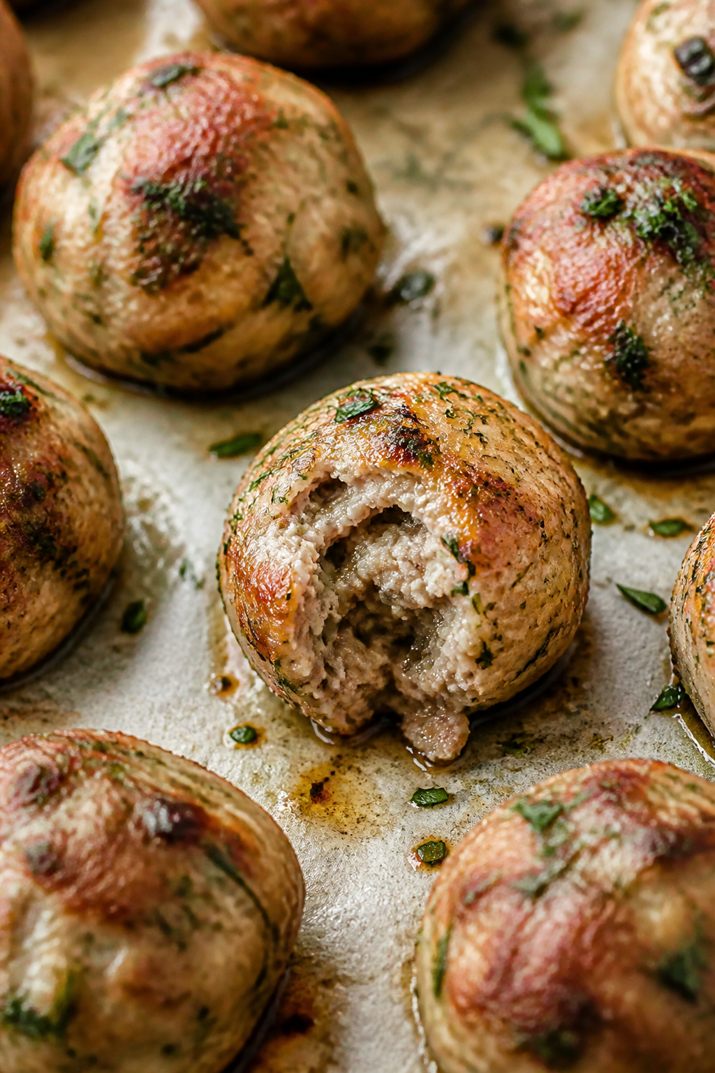 Close-up detail shot: Juicy baked Keto Garlic Ranch Meatballs just out of the oven on a parchment-li