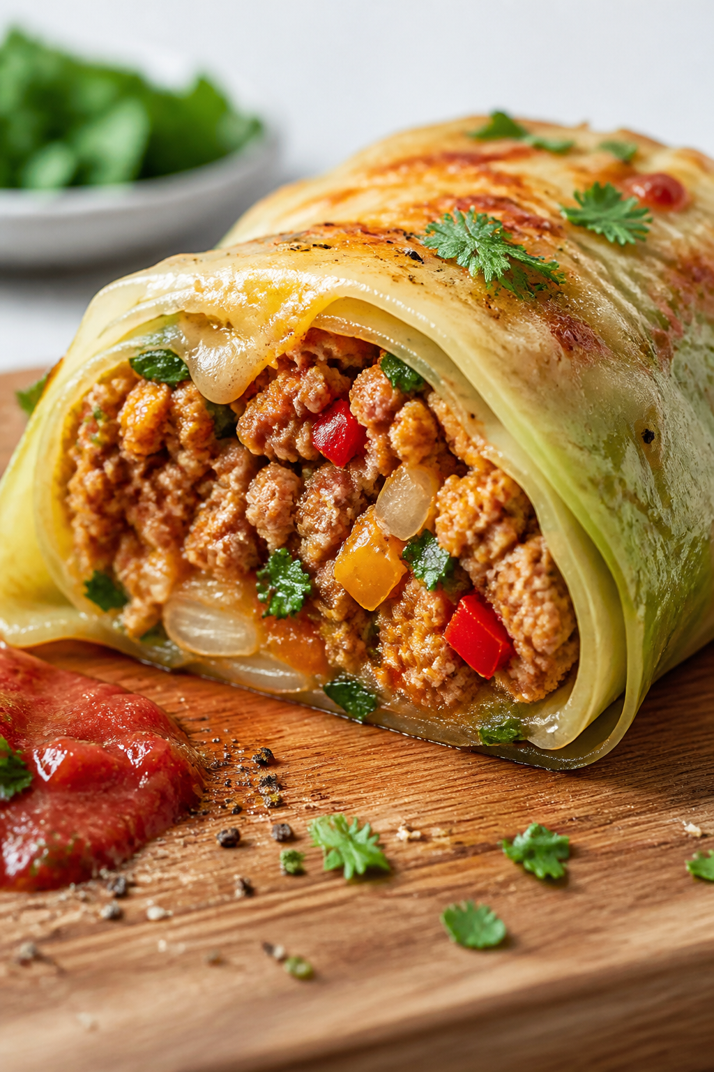 Close-up detail shot of a freshly baked keto turkey taco cabbage roll sliced open on a cutting board