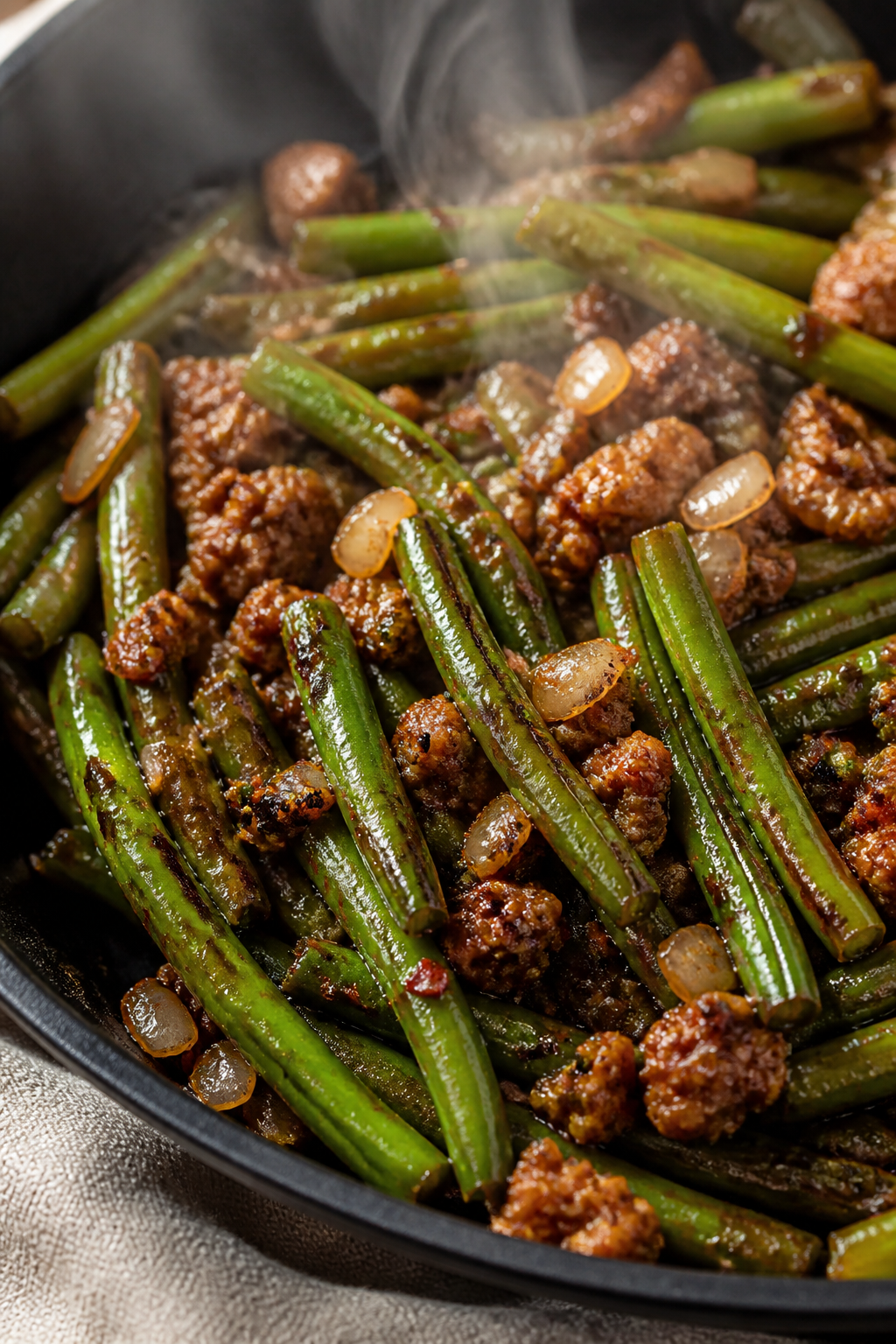 Close-up detail shot of blistered green beans and browned ground turkey in a sizzling skillet, garli