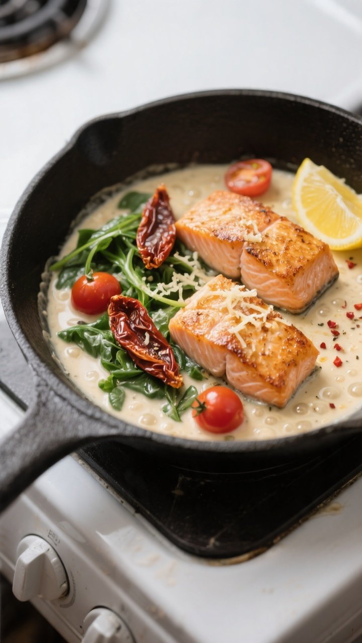 Close-up detail shot of seared salmon fillets nestled in a silky garlic-Parmesan cream sauce in a sk