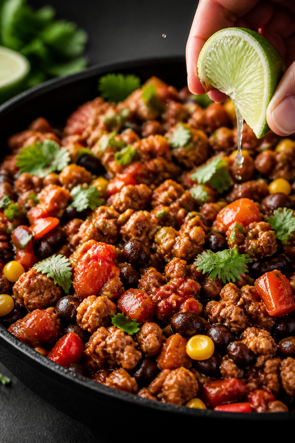 Close-up detail shot of the finished Ground Turkey Mexican Skillet scooped in a shallow black skille