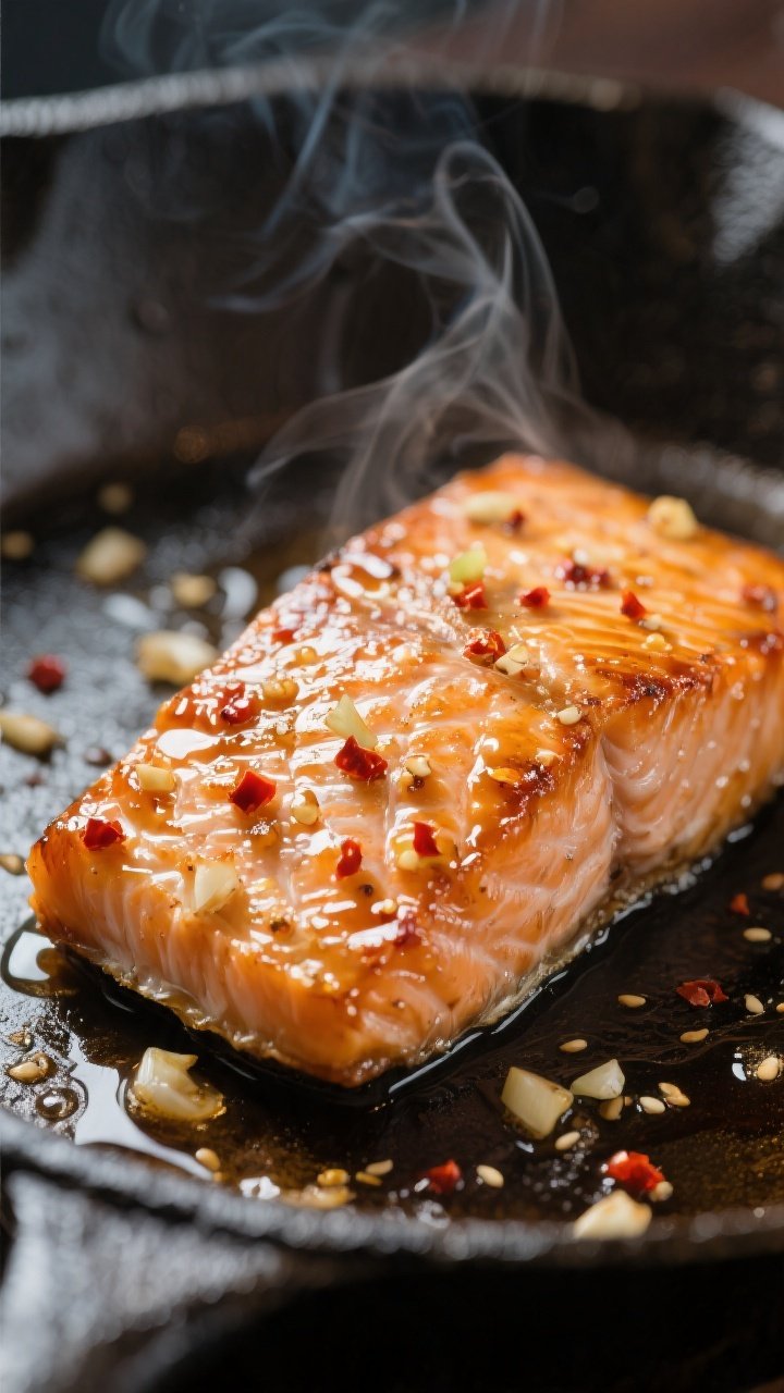 Close-up detail shot: Pan-seared honey garlic salmon fillet just after basting, glaze visibly glossy